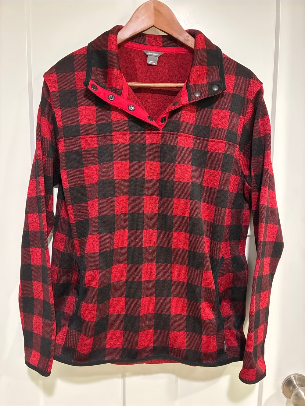 Eddie Bauer Red and Black Buffalo Plaid Snap-Neck Fleece Pullover